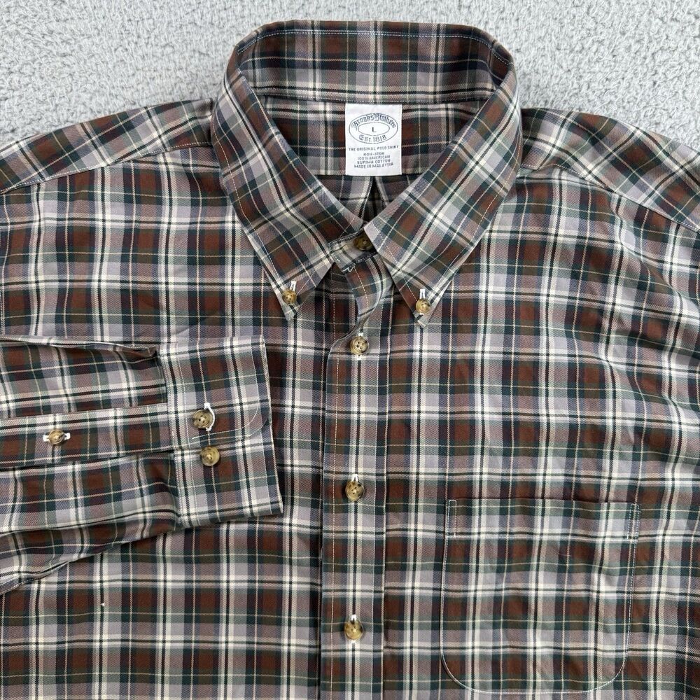 Brooks‎ Brothers Shirt Mens L Brown Plaid Long Sleeve Button Down Casual Cotton